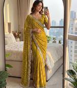 mustard embroidered satin saree