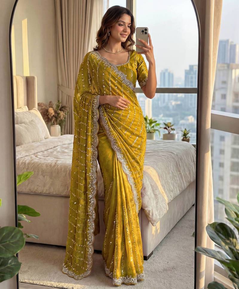 mustard embroidered satin saree