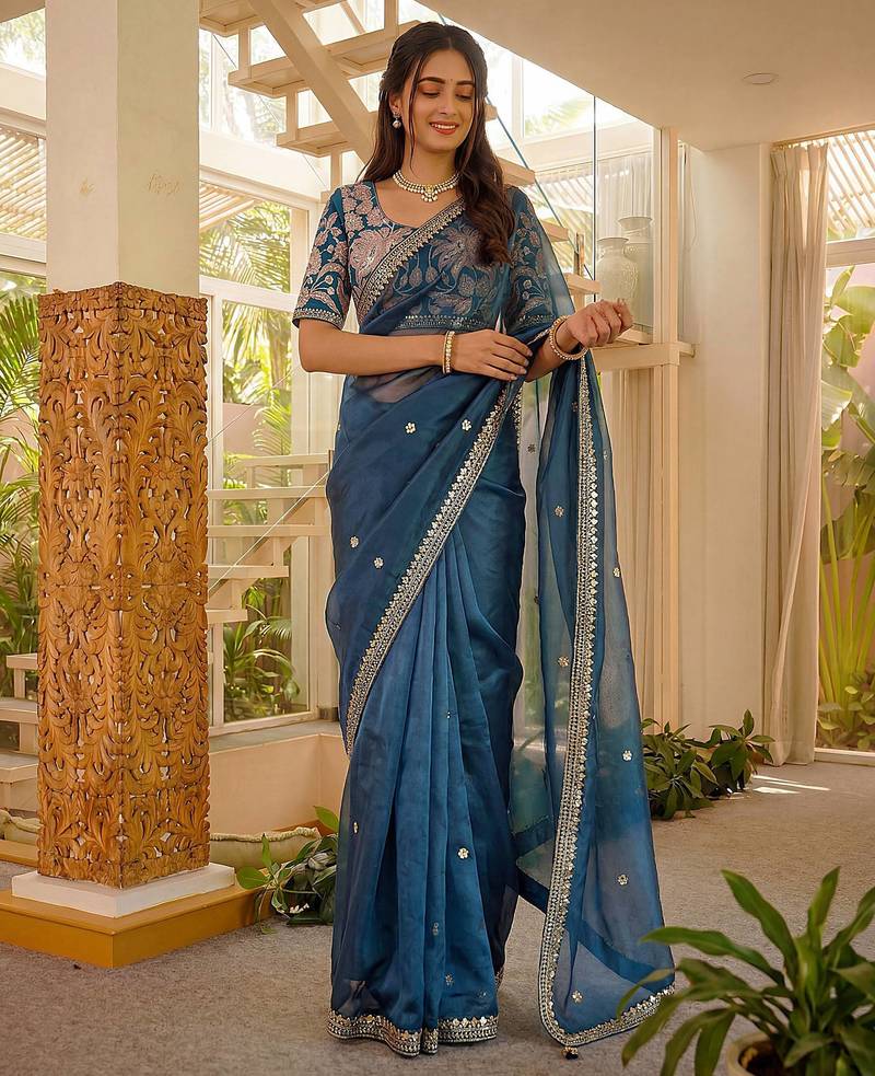 sky_blue embroidered art_silk saree