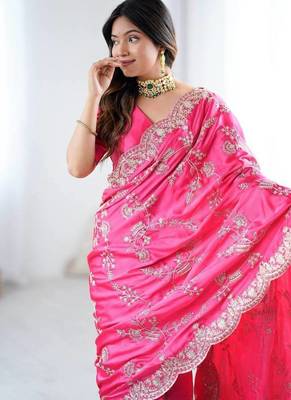 pink embroidered satin saree 3