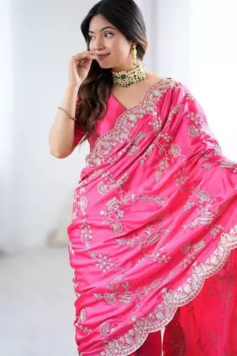 pink embroidered satin saree