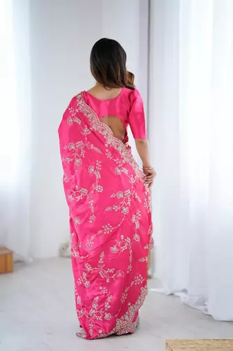 pink embroidered satin saree