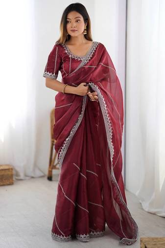 maroon embroidered satin saree