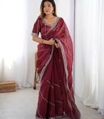 maroon embroidered satin saree