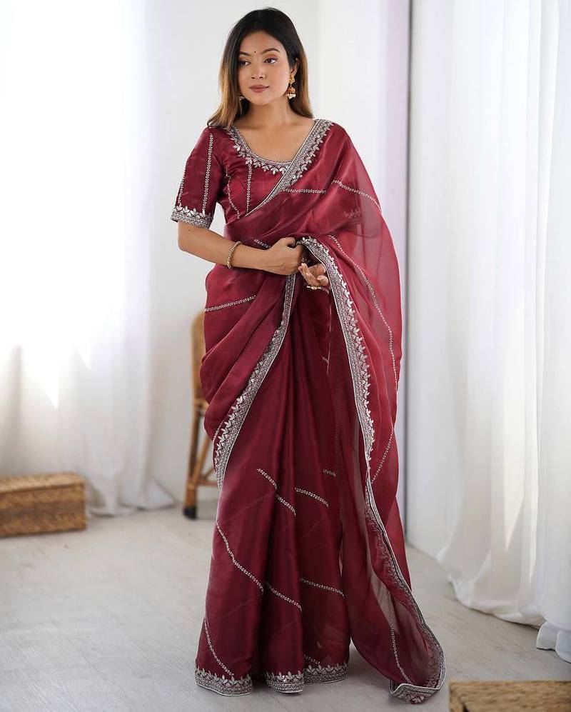 maroon embroidered satin saree