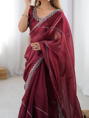 maroon embroidered satin saree 2