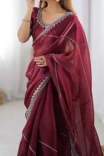 maroon embroidered satin saree