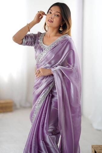 lavender embroidered satin saree
