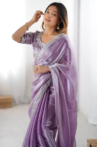lavender embroidered satin saree