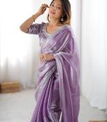 lavender embroidered satin saree
