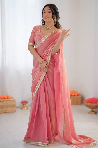 pink embroidered satin saree
