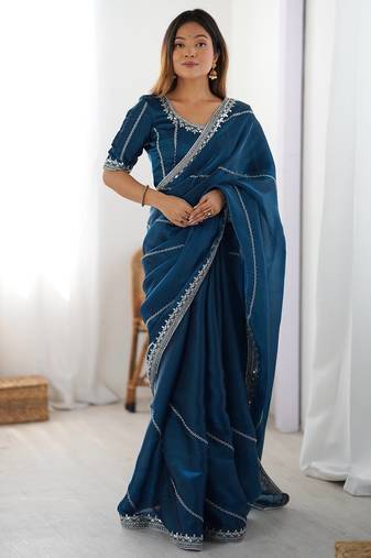blue embroidered satin saree