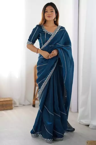 blue embroidered satin saree