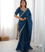 blue embroidered satin saree