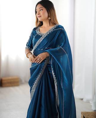 blue embroidered satin saree 3
