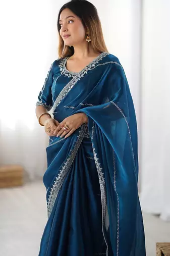 blue embroidered satin saree