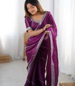 purple embroidered satin saree