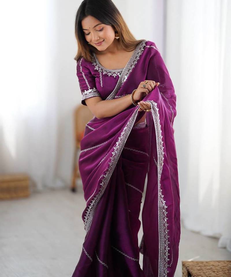 purple embroidered satin saree