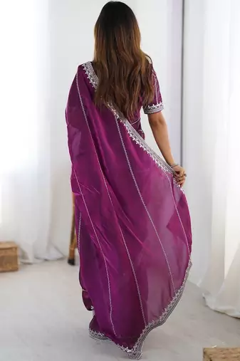 purple embroidered satin saree
