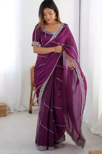 purple embroidered satin saree