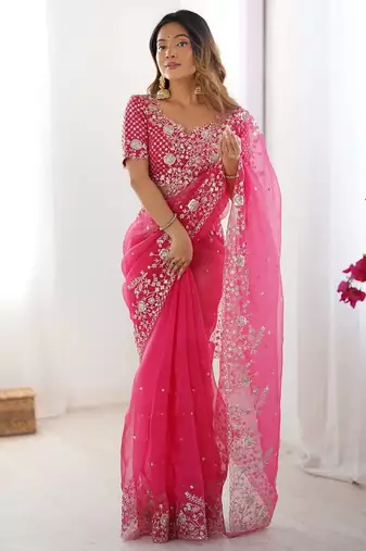 pink embroidered organza saree