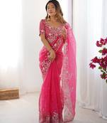 pink embroidered organza saree