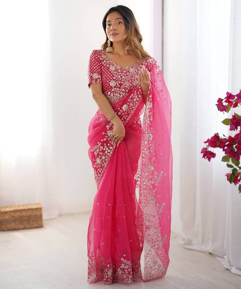 pink embroidered organza saree