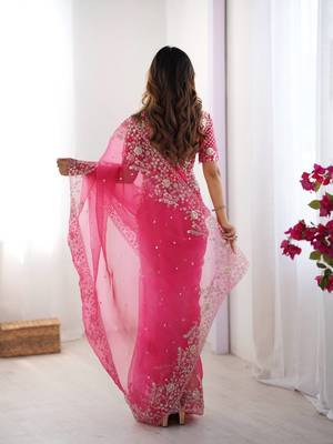 pink embroidered organza saree 2