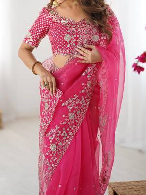 pink embroidered organza saree 3