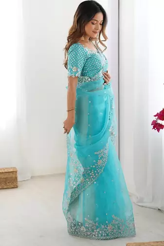 sky_blue embroidered organza saree