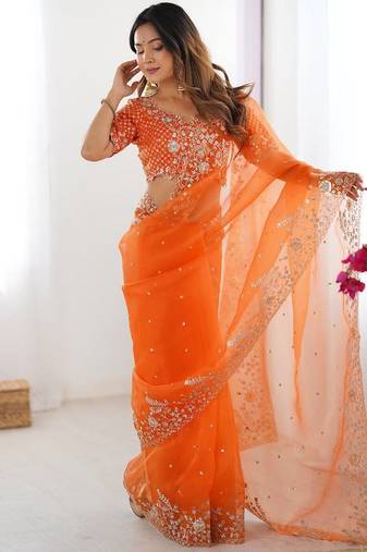 orange embroidered organza saree