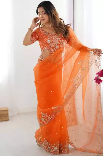 orange embroidered organza saree