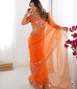 orange embroidered organza saree