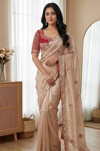 Cream Color Embroidery theard Work Satin Saree