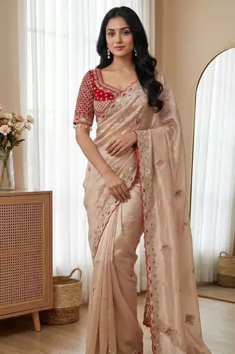 Cream Color Embroidery theard Work Satin Saree