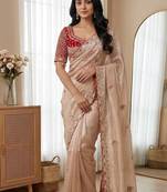 Cream Color Embroidery theard Work Satin Saree