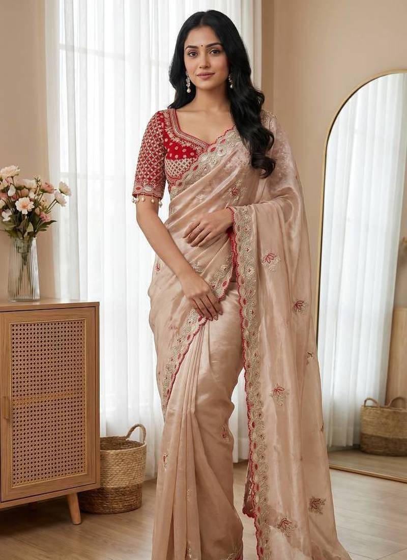 Cream Color Embroidery theard Work Satin Saree