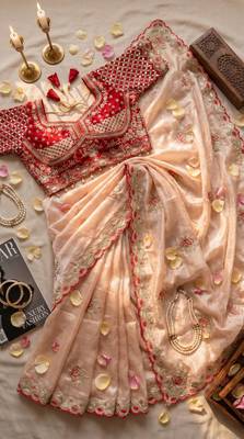 Cream Color Embroidery theard Work Satin Saree 3