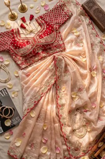Cream Color Embroidery theard Work Satin Saree