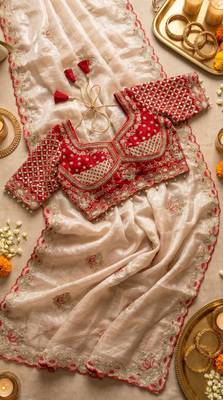 Cream Color Embroidery theard Work Satin Saree 4