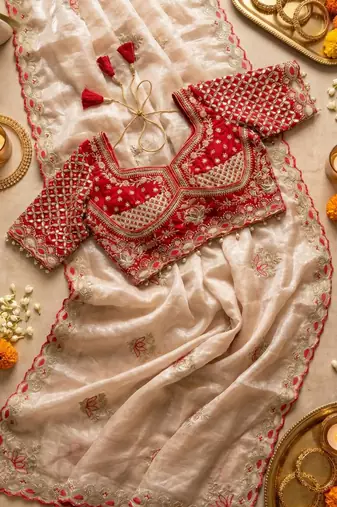 Cream Color Embroidery theard Work Satin Saree
