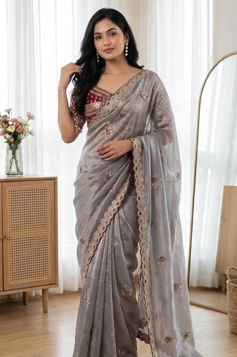 Grey Color Embroidery theard Work Satin Saree