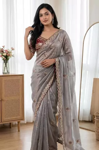Grey Color Embroidery theard Work Satin Saree