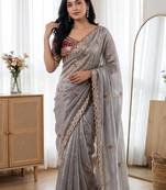 Grey Color Embroidery theard Work Satin Saree