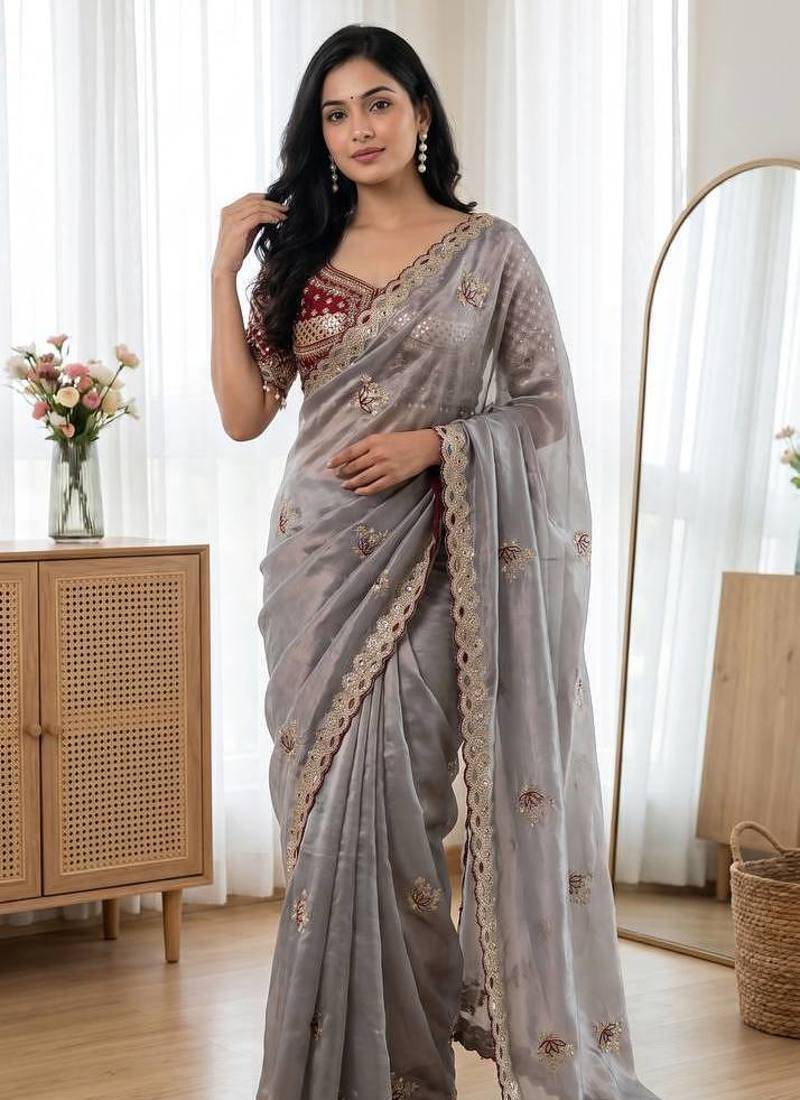 Grey Color Embroidery theard Work Satin Saree