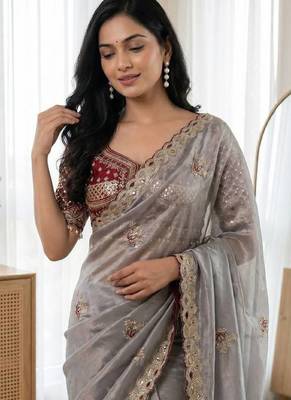 Grey Color Embroidery theard Work Satin Saree 2