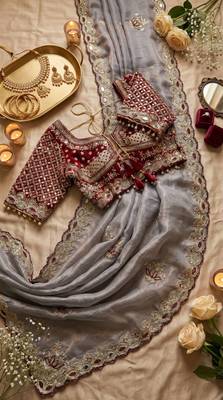 Grey Color Embroidery theard Work Satin Saree 3