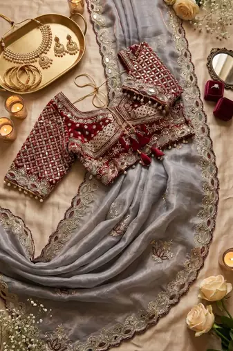 Grey Color Embroidery theard Work Satin Saree