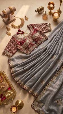 Grey Color Embroidery theard Work Satin Saree 4