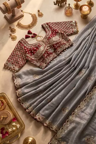 Grey Color Embroidery theard Work Satin Saree